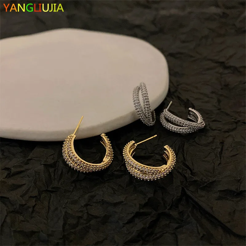 

C Shape Metal Zircon Crystal Earrings South Korea's Temperament Fashionable Sweet Elegant Stud Earrings Ms Wedding Accessories