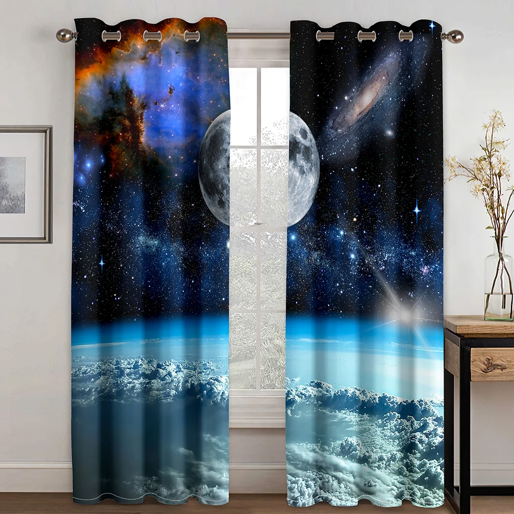 

3D Print Planet Galaxy Space Earth Childern 2 Pieces Shading Window Curtain for Living Room Bedroom Decor Hook