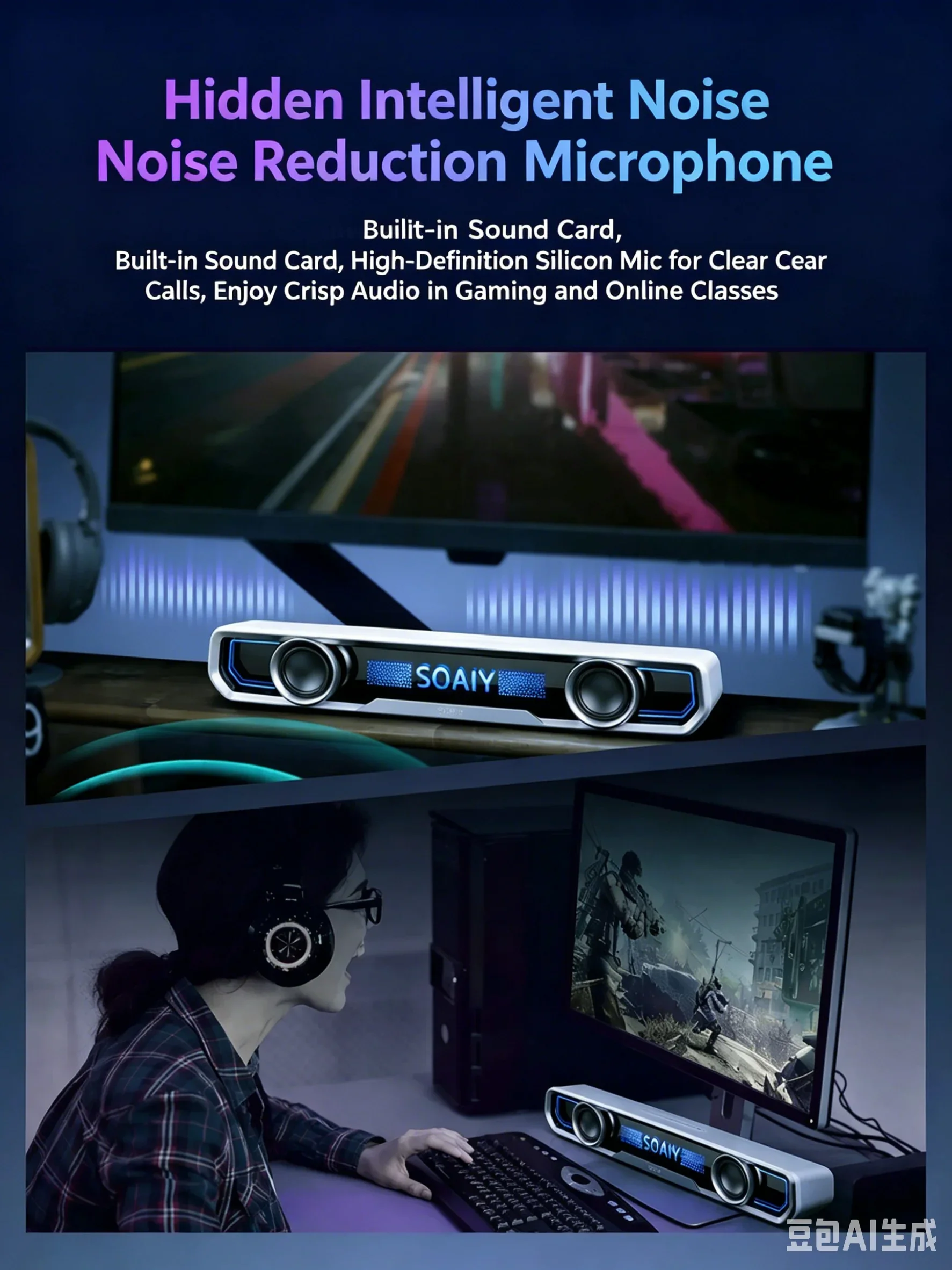 Настольные колонки для ноутбуков SOAIY SES818, проводная и Bluetooth-модель, RGB-подсветка, объемный стереозвук с басами, аудиоустройство Plug and Play (art.: 3920db2f00057) - 3920db2f00057