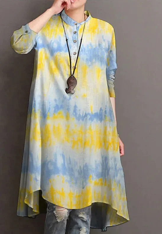 2021WishAutumn Платье-рубашка без воротника в радужную полоску: свободный крой длинные