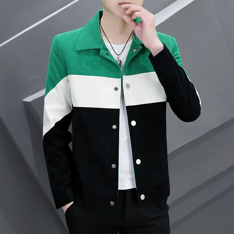 

2023 Men's New Corduroy Slim-Fit Short Handsome Color Stitching Turnover Neck Jacket