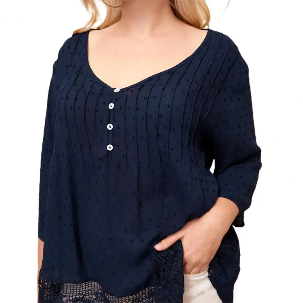 

Shirt for Women Clothing 2022 V-neck Buttons 3/4 Sleeves Jacquard Summer Solid Color Crochet Lace Trim Pullover Blouse Women Top