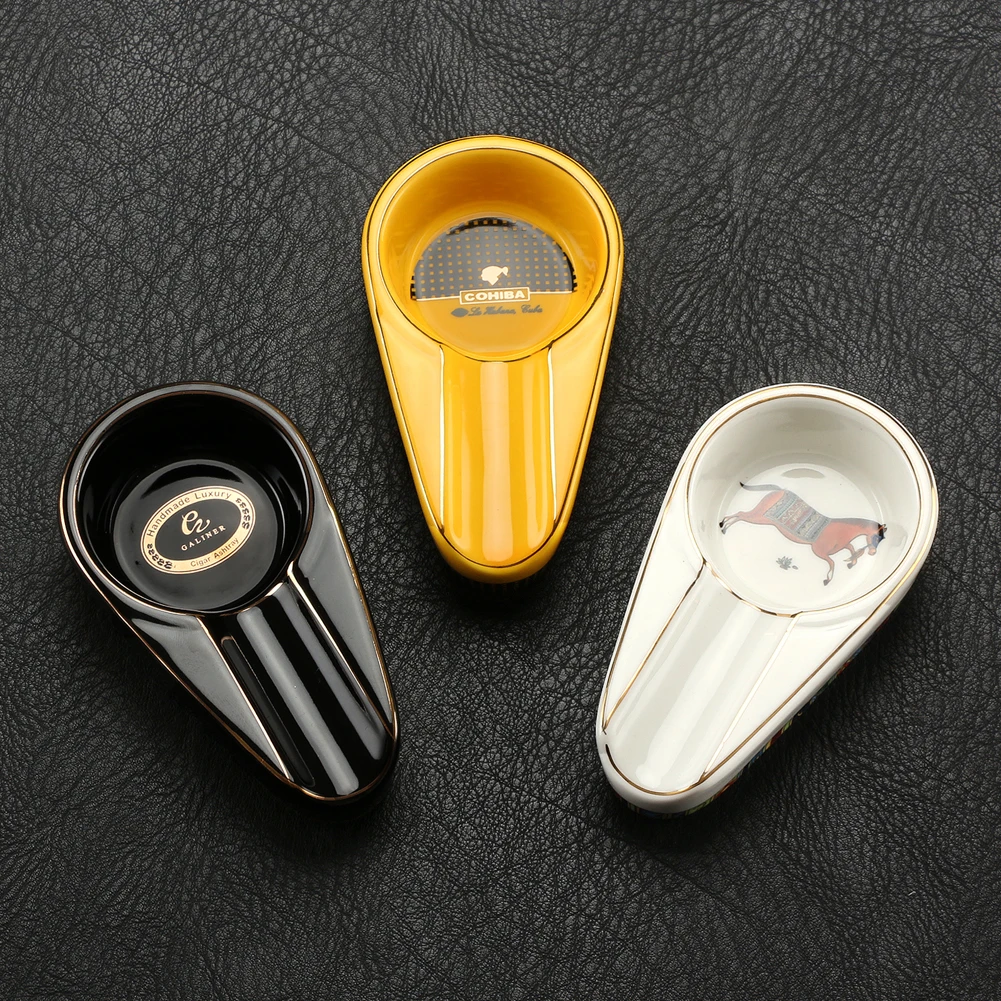 

COHIBA Ceramic Cigar Ashtray Single Cigar Holder Gadgets Round Ash Slot 4 Colors Yellow Tobacco Cigarette Ashtray Gift Box