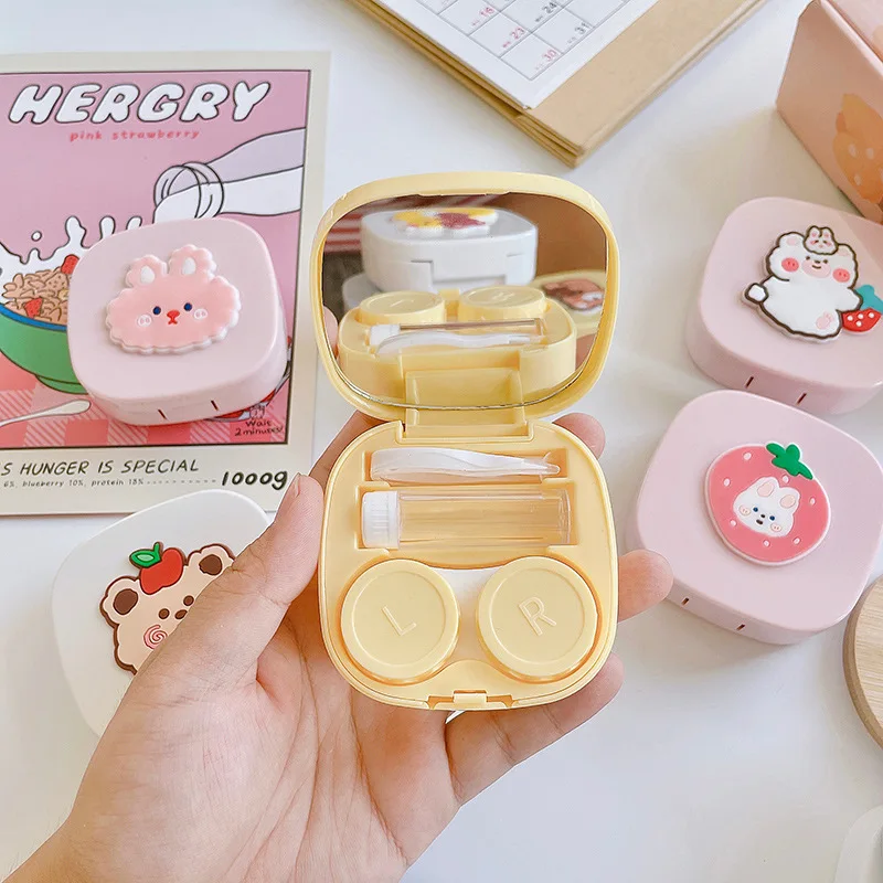 

1 Set Kawaii 3D Contact Lens Storage Box with Mirror Cartoon Bear Rabbit Duck Pattern Contact Lens Companion Box Organizer