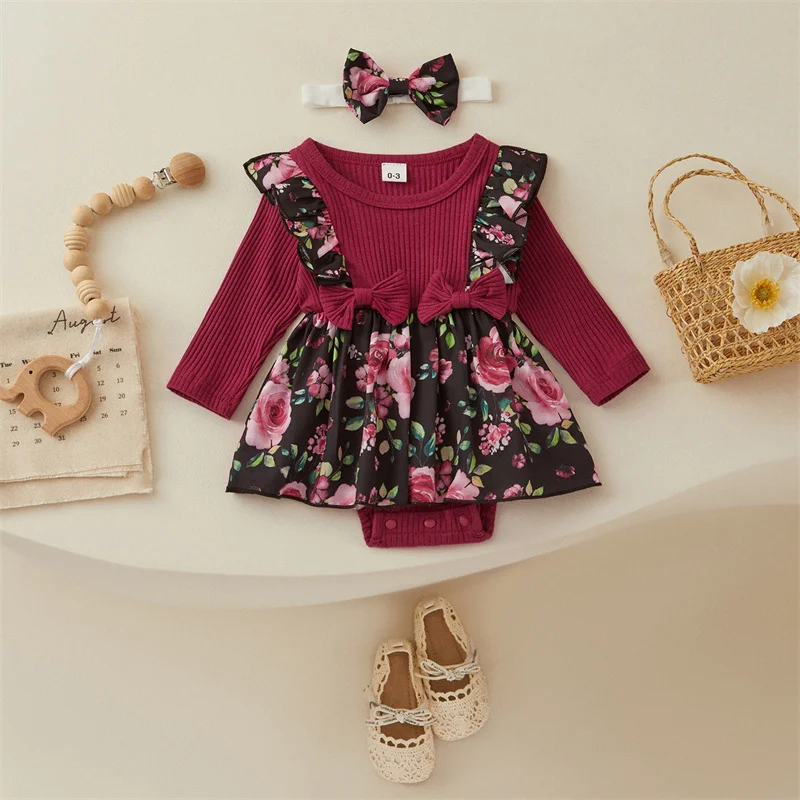 

Милое Платье-комбинезон Tregren для новорожденных девочек, трикотажный комбинезон в рубчик с длинным рукавом, юбка с цветочным принтом и бантом, Осенний комбинезон с повязкой на голову