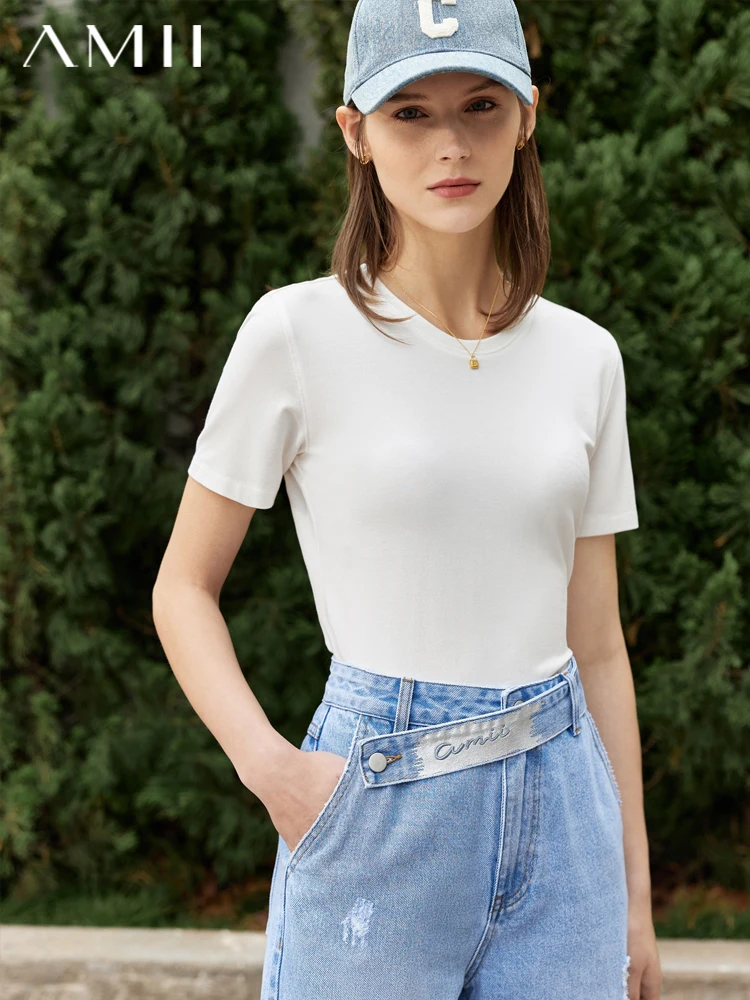 

Amii Minimalist Summer Tshirts For Women Fashion Oneck Slim Casual T-Shirts Short Sleeve Solid Tops Female Clothing 12240130