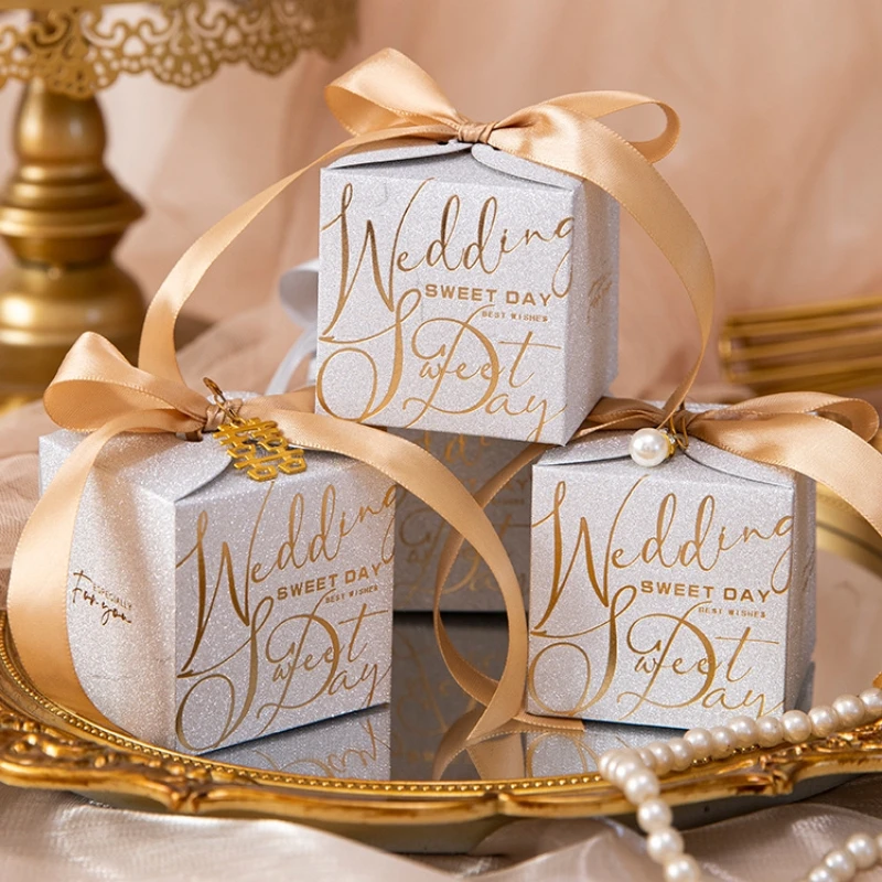 New Wedding Candy Box With Pearl Ribbon Bow High-End Gift Chocolate Box High Quality Glitter Powder Shell Gift Box