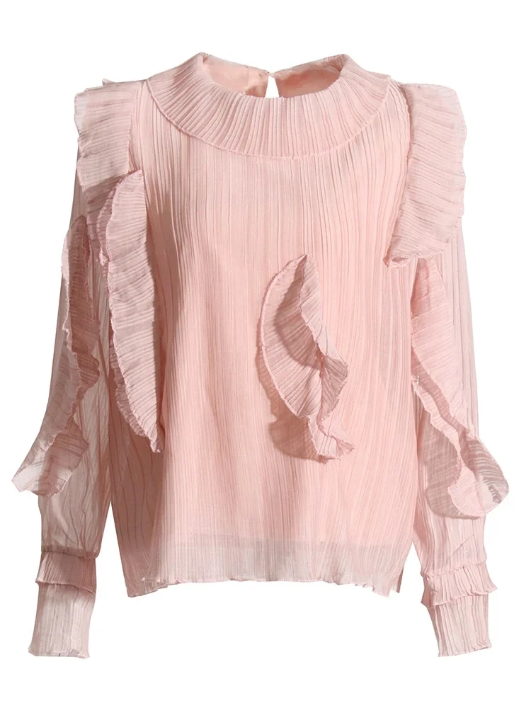 CHICEVER Женская Однотонная Лоскутная Рубашка Со Складками И Длинными Рукавами