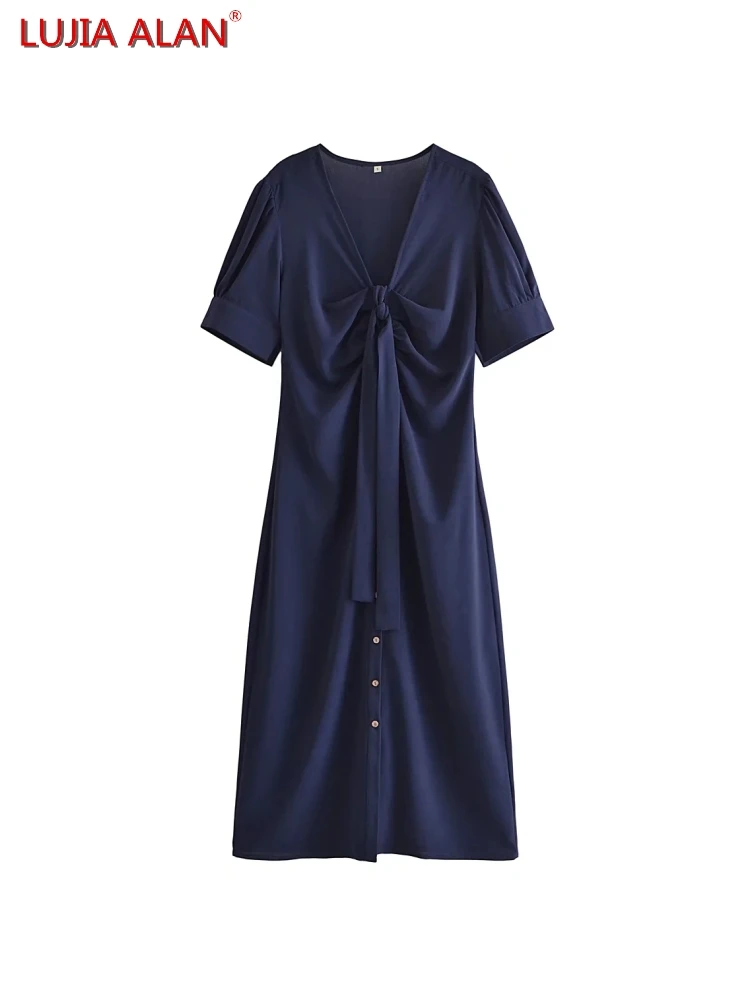 

Women Lace Up Bowknot Single Breasted Midi Dress Summer Female Puff Sleeve Vestidos LUJIA ALAN D9786