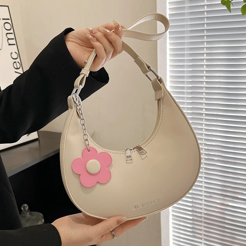 

Fashion White Shoulder Bags with Flower Women's Zipper Hobos Bags Ladies Simple Solid Color Handbags Armpit Bag for Girls Sac