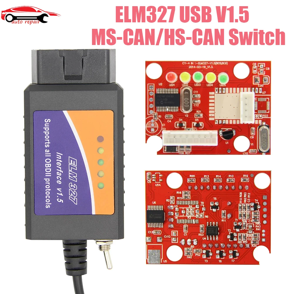 ELM327 USB FTDI с переключателем V1.5 Поддержка протоколов OBD2 с чипом PIC18F25K80 и CH340 для HS MS CAN ELM 327 считыватель кодов Авто сканер