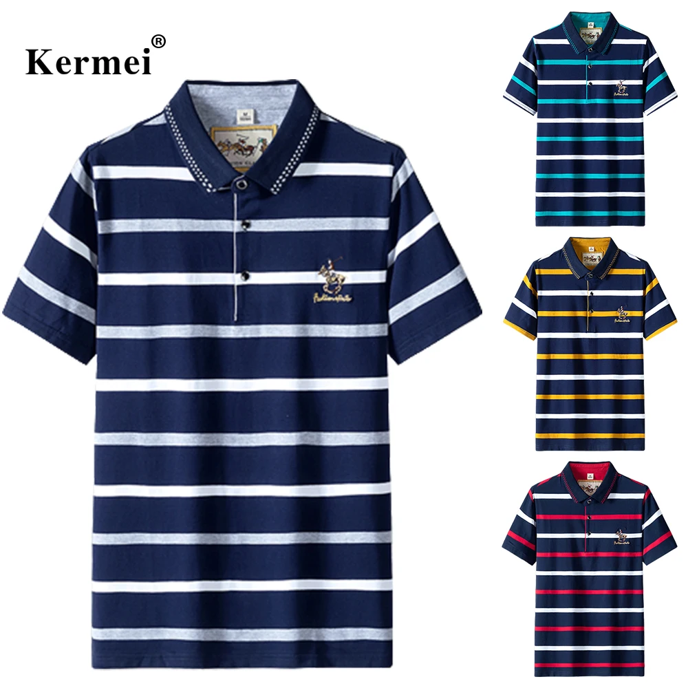 

Мужская хлопковая рубашка-поло в полоску, контрастных цветов