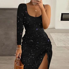 Jupe longue fendue à manches longues pour femmes, décontractée, robe du nouvel an, asymétrique, épaule dénudée, fête, automne, couleur Pure, robe élégante pour le bureau, 2022  (1)