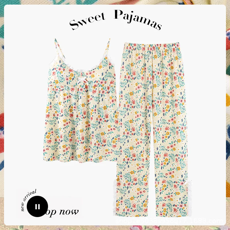 Pajamas Women Summer Suspender Pants INS Vintage Fragmentary FrenchSweet Sexy Can be Worn Out Two-piece Set with Breast Pad Slee