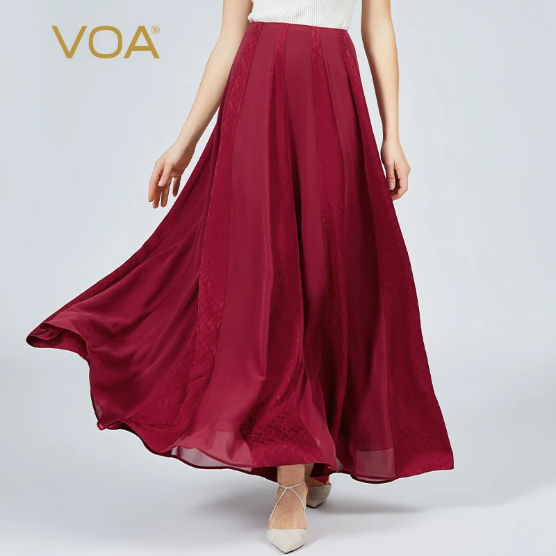 

VOA Jacquard Mulberry Silk Red Natural Waist Collision Material Stitching A-line Large Swing Elegant Silk Skirt Summer New CE167