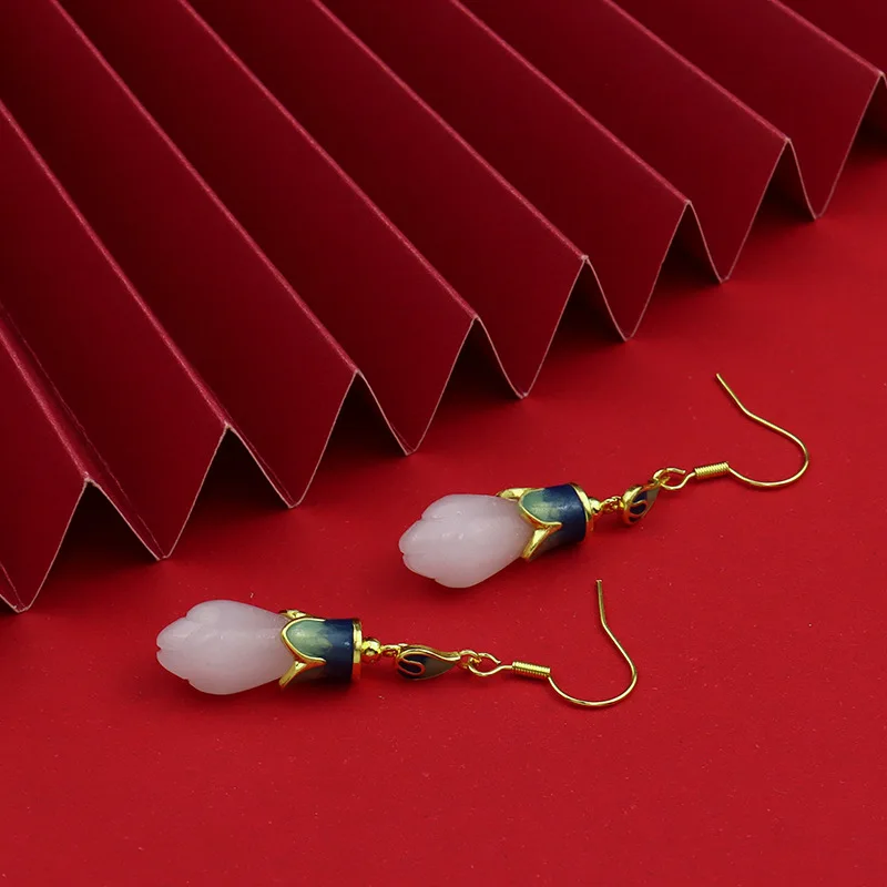 

Classical Palace Style Design Enamel Inlaid Imitation Hetian White Jade Magnolia Ear Hook Hanfu Ancient Costume Matching Eardrop