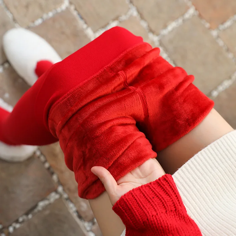 Pure Red Thick Fleece Lined High Waist Leggings Women Christmas Autumn Winter Thermal Pants Soft Stretchy Hot Girls Pantyhose
