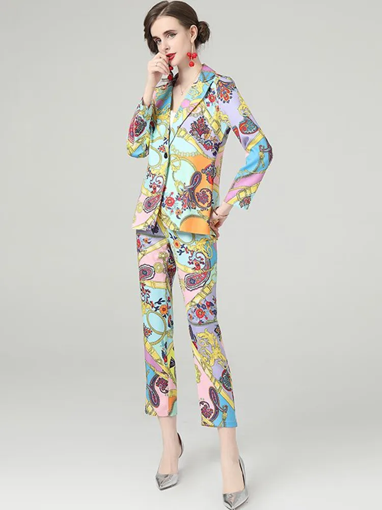 Женский брючный костюм с цветочным принтом пиджак на одной пуговице и