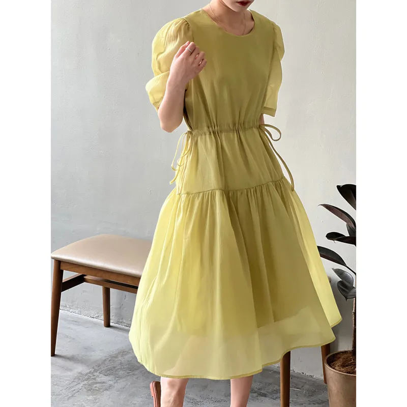 

2022 Summer Puff Sleeve Lace-up Women Dress O Neck Short Sleeve High Waist A-line Midi Dresses Chic Elegant Solid Fairy Dress