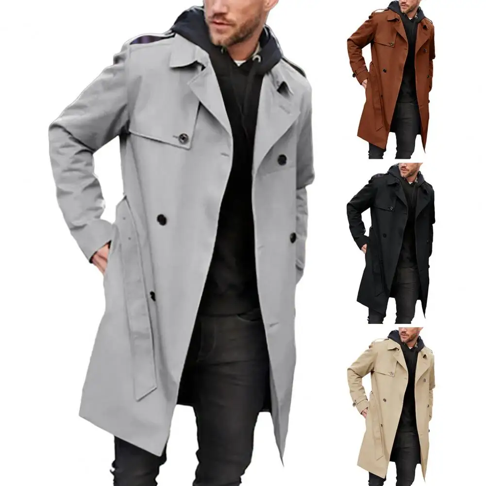 

Business Mid-length Double-breasted Jacket Stylish Men's Double-breasted Long Coat Slim Fit Lapel Windbreaker with for Autumn