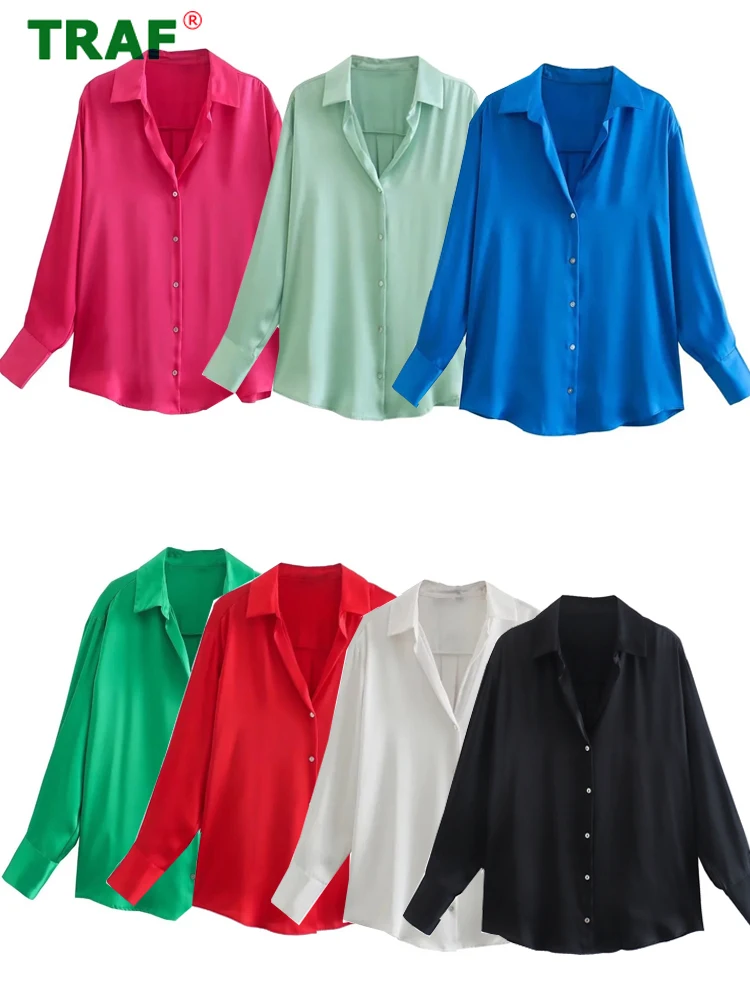 

TRAF White Oversized Shirt Women Green Satin Collared Shirt Woman Summer Black Loose Top Female Long Sleeve Blouses Women Casual