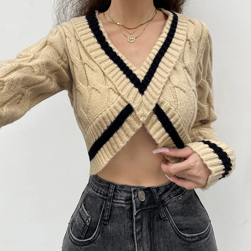 

Fashion Sexy Short Waist V-neck Long-sleeved Cross-shaped Sweater Women 2022 Autumn and Winter Knitted Woolen New Top Lazy Oaf