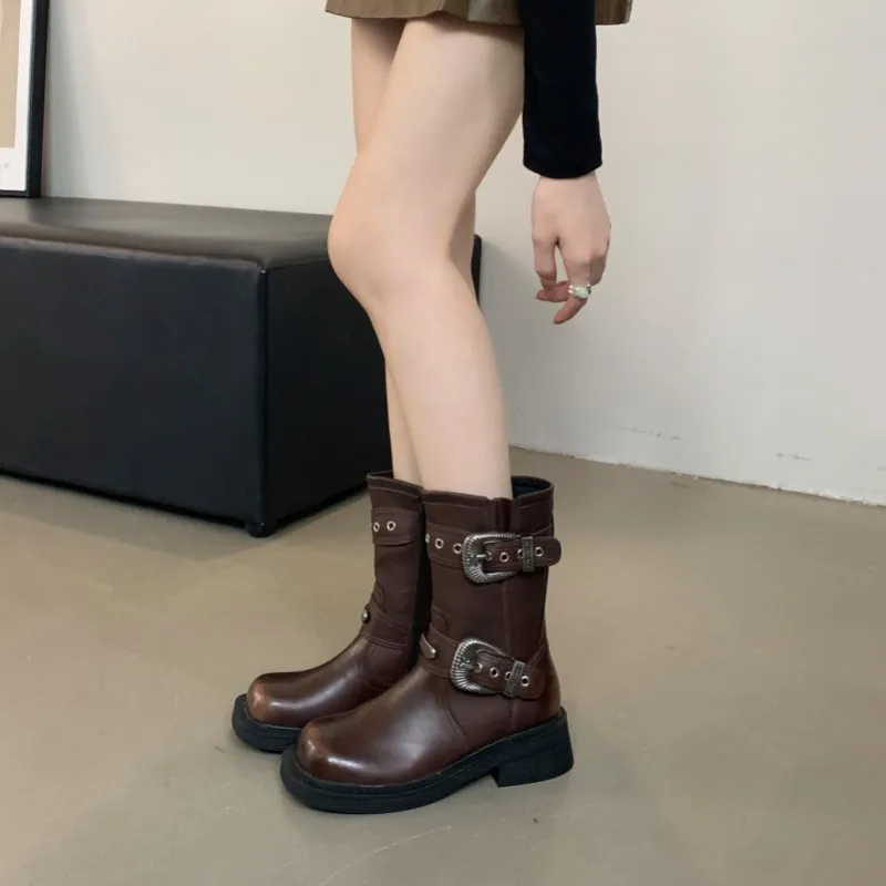 Женские черные сапоги-гладиаторы до середины икры на молнии круглый носок