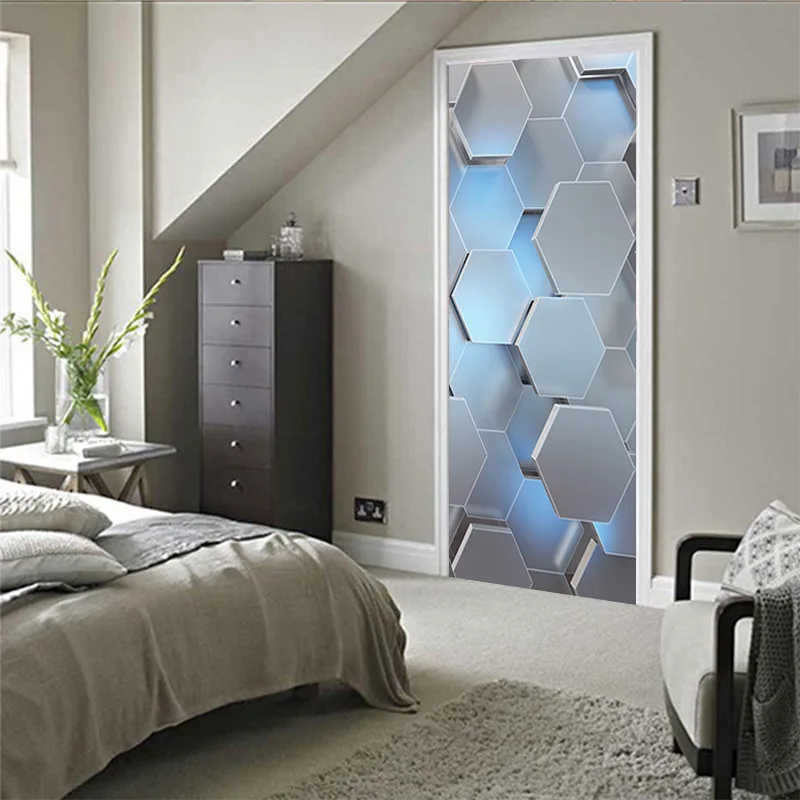 

3D Geometric Creative Door Stickers Self-adhesive Bedroom Wooden Door Stickers Cabinet Decoration Personality Wall Stickers