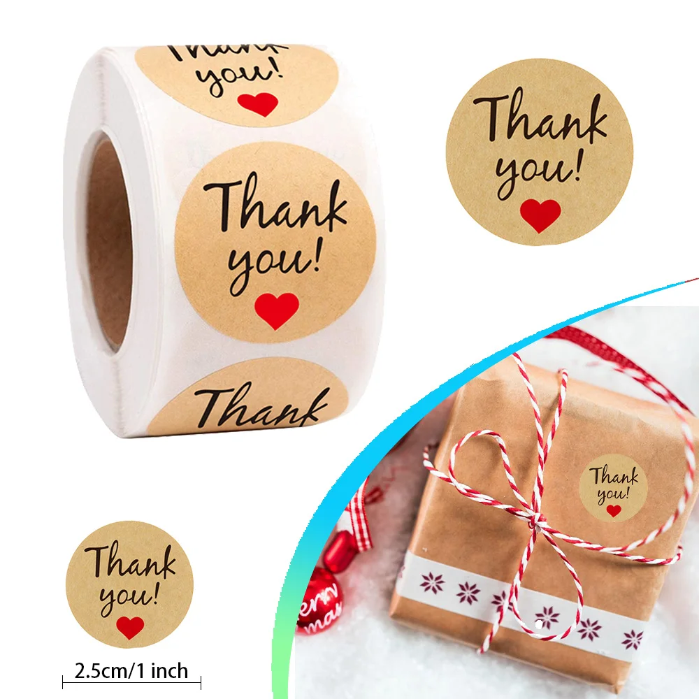 

100-500pcs Thank You Stickers Adhesive Labels Kraft Paper Red Hearts Decorative Sealing Gifts Korean Style Novelty Stationery