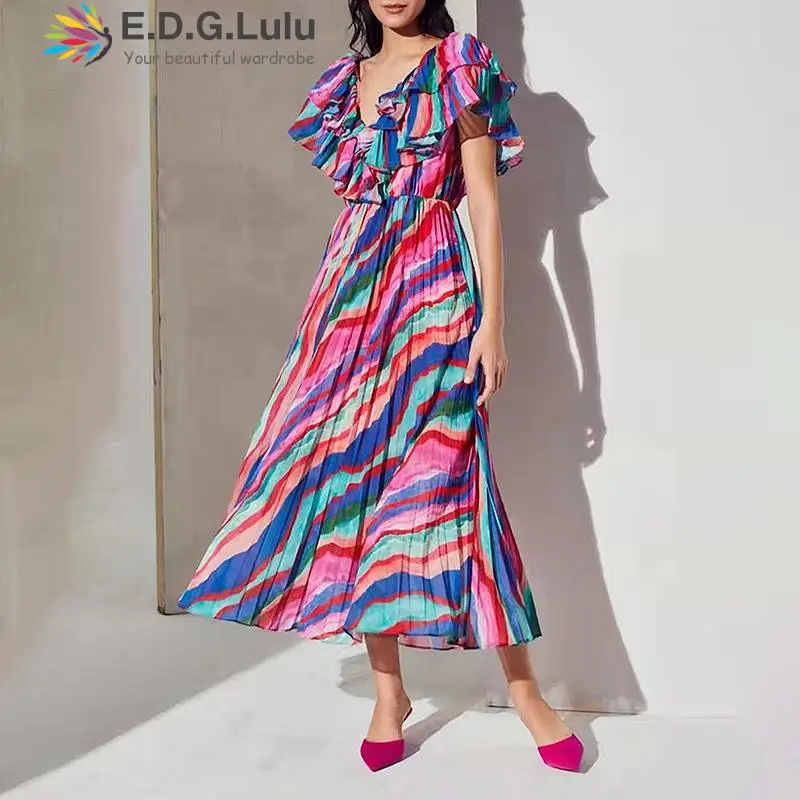 

EDGLuLu Bohemia V-neck Ruffled Short Sleeves Striped Print Summer Dress Women 2022 Beach Loose Chiffon Long Dress Vacation 0226