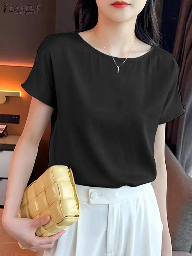 

ZANZEA Women Elegant Chemise O-Neck Short Sleeve Solid Color Shirt Summer Loose Fashion Tops Holiday Casual Beach Blouse 2023