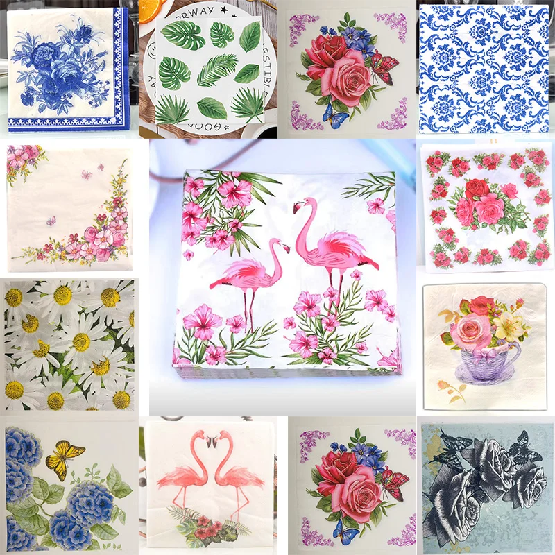 

100Pcs/Pack Flamingor Table Decoupage Paper Napkins Vintage Floral Napkin Paper Tissues for Wedding Party Decors 33X33cm