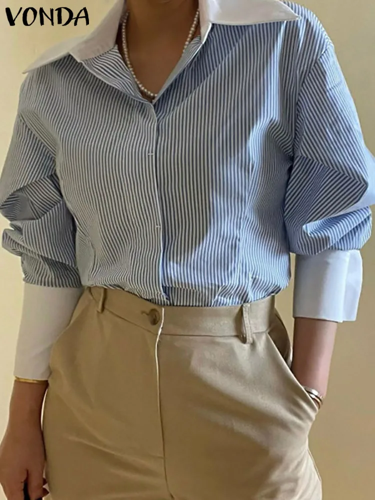 

VONDA Spring Long Sleeve Striped Blouse Elegant Office Ladies Shirts Women Lapel Baggy Button Up Patchwork Stylish Blusas Tunics
