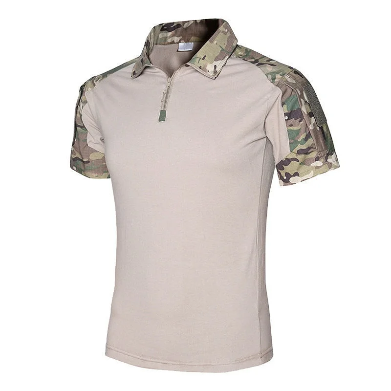 

91-95% Cotton Summer Men Short Sleeve T-shirts Camouflage Tops Military Training Frog Suits Outdoor Tshirt With Zipper Collar