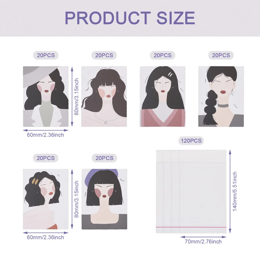 120Pcs 6 Style Rectangle Cardboard Earring Display Cards Woman Pattern For Fashion Jewlery Display Gifts Storage 8x6x0.04cm