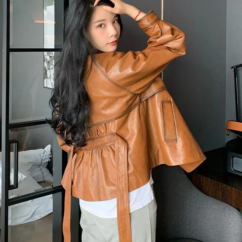 Lady Leather Jacket Genuine Sheepskin Belt Motorcycle Biker Vegetable Tanned Leather Coats Solid 2022 Fashion CL4013