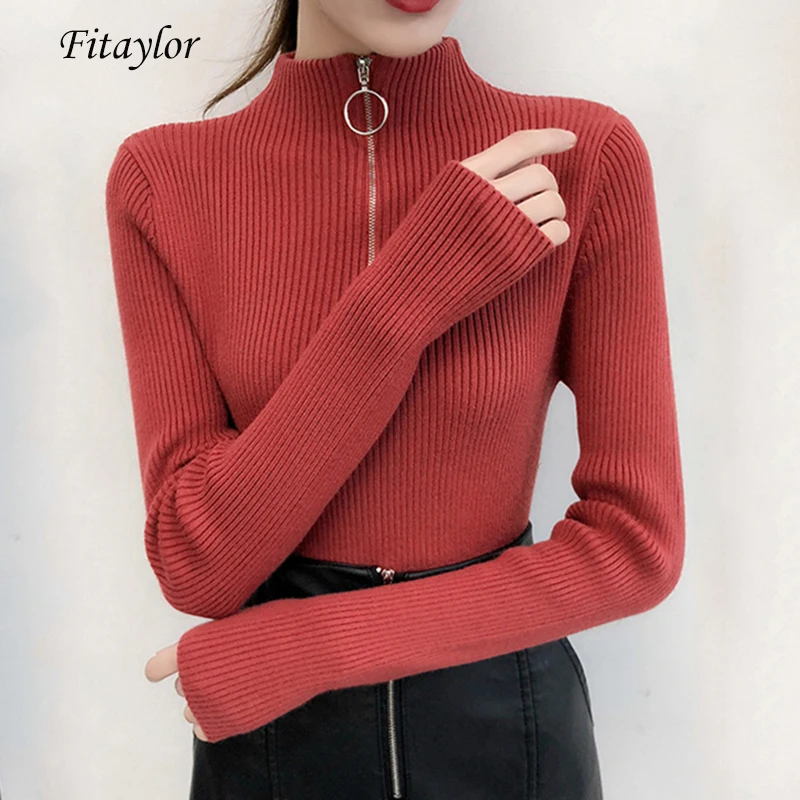 Fitaylor Женский вязаный свитер с высоким воротником тонкий пуловер длинным рукавом