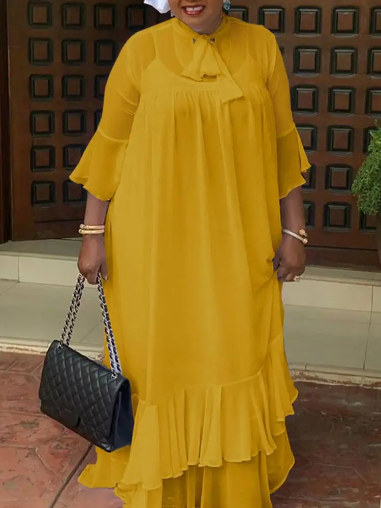 

Maxi Dress VONDA 2023 Summer Women Casual Long Sleeve Ruffled Dress Bohemian Bow Tie Sundress Sexy Pleated Party Vestido Robe