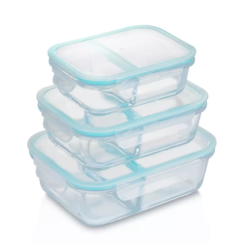 

3 Packs Microwave Oven Heating Lunch Box Glass Food Storage Containers with Lids Divided Glass Lunch Food Containers & BPA-F