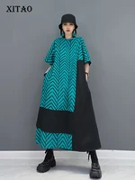 xitao fashion contrast color dress asymmetrical chiffon splicing loose large size women 2021 summer new o neck print wmd1025