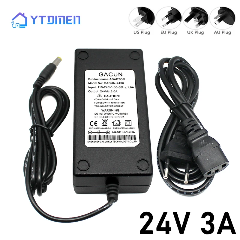 

AC DC 24V 3A Power Supply Adapter 220V to 24 Volt Transformer Universal Charger Source for Iight Strip Lamp CCTV Hoverboard