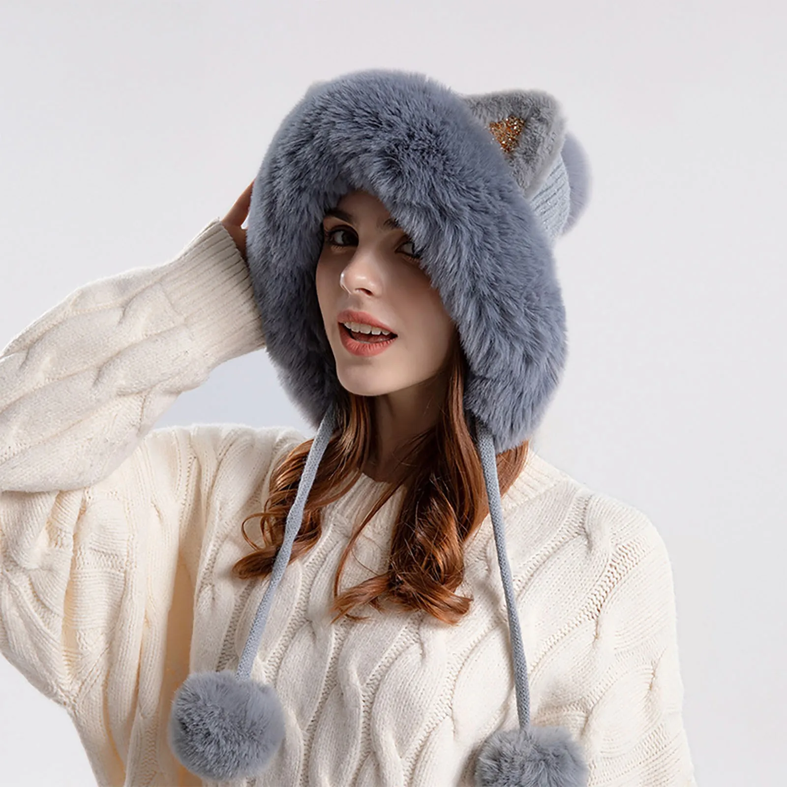 

Women's Knitted Hat Cat Ears Ball Earmuffs Headgear Plus Fleece Thickened Warm Hat Women's Winter Hats 2022 Hat Fashion Hat