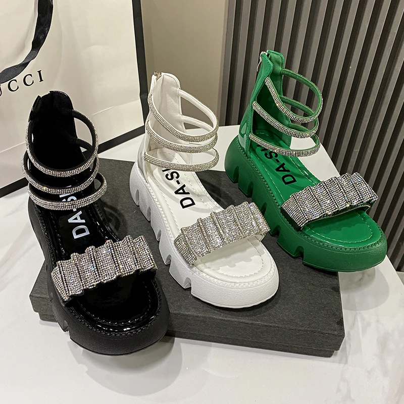 

Женские сандалии со стразами, босоножки на высоком каблуке, с открытым носком, на платформе, белые шлепанцы, сандалии на каблуке, лето 2023