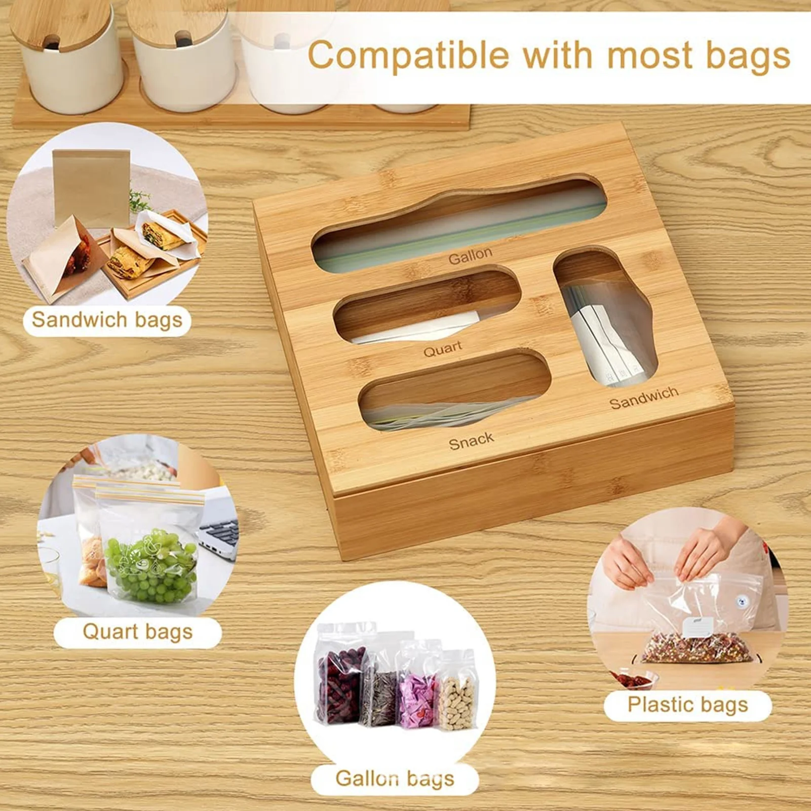 

Bamboo Ziplock Bag Storage Organizer And Dispenser For Kitchen Drawer Suitable For Gallon Sandwich & Snack Variety Size Bag