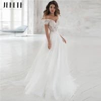 simple off the shoulder tulle 2022 wedding dress for women elegant v neck a line lace appliques backless with button bridal gown