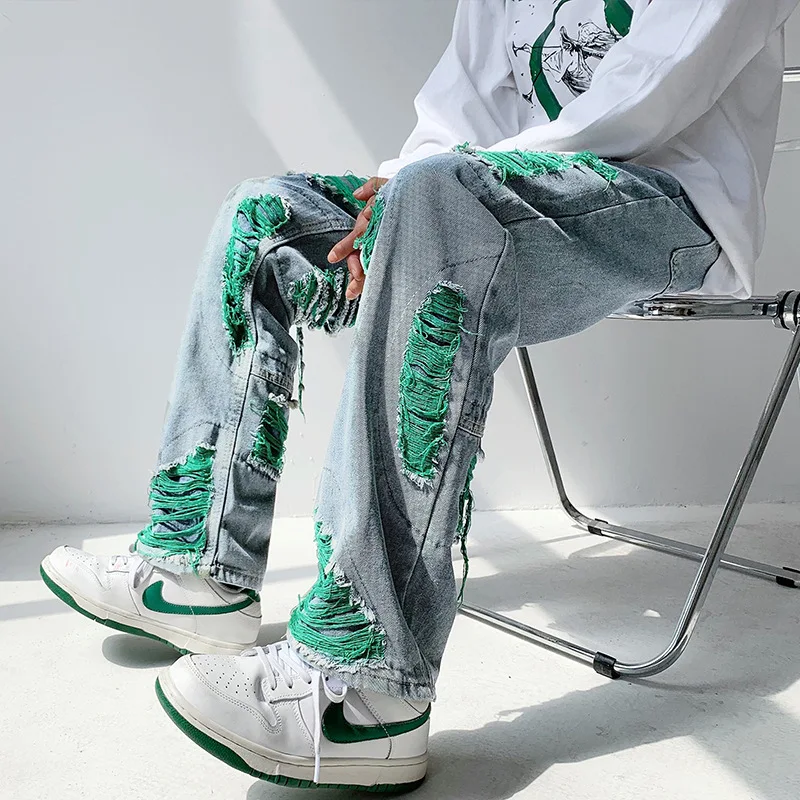Broken Jeans Man American Retro Y2k Clothes Ins High Street Fashion Brand Ruffian Shuai Scratched Hip Hop Loose Straight Pants