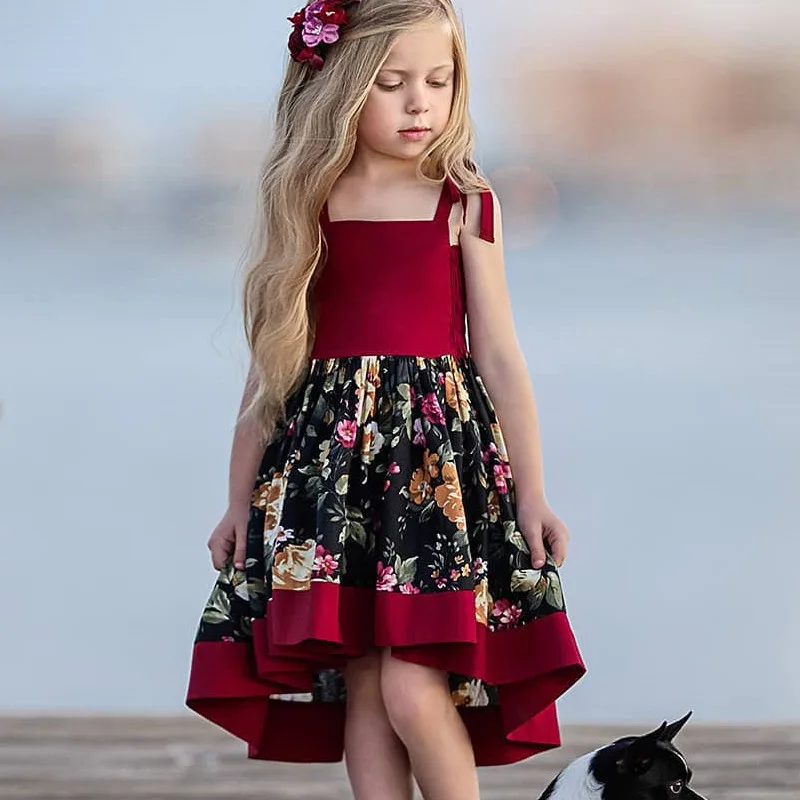 

Girls Dresses Vintage Floral Print Backless Dress Summer Princess Dresses Irregular A-Line Children Clothes Size 1-10Y