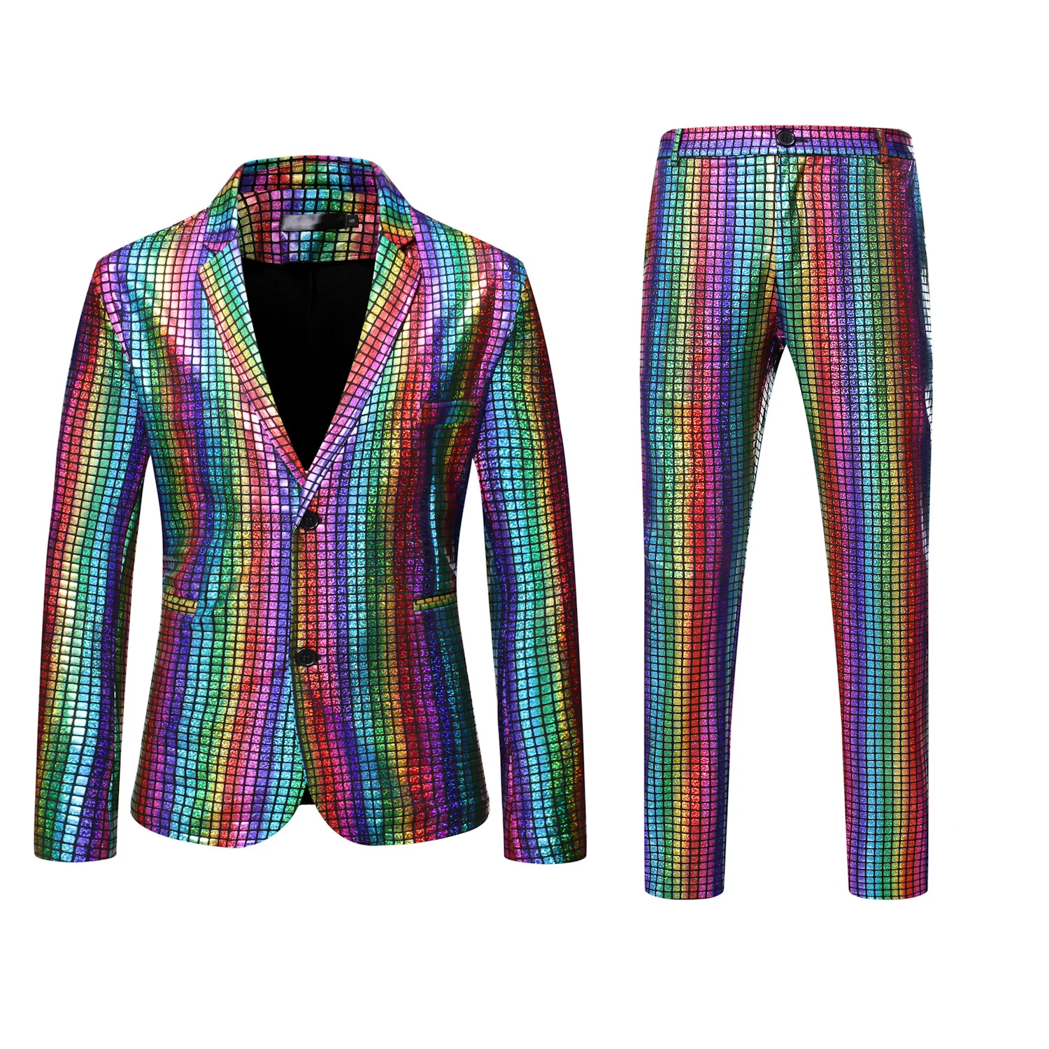 

Men's New Rainbow Plaid Bronzing Stage Nightclub Cool Performance Shiny Pants Two-piece Set Mens Suits