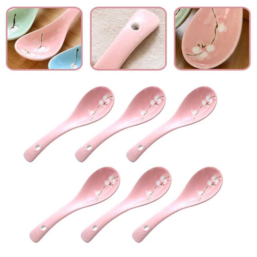 

6pcs Practical Ceramic Spoons Japanese Style Porridge Spoons Home Tableware