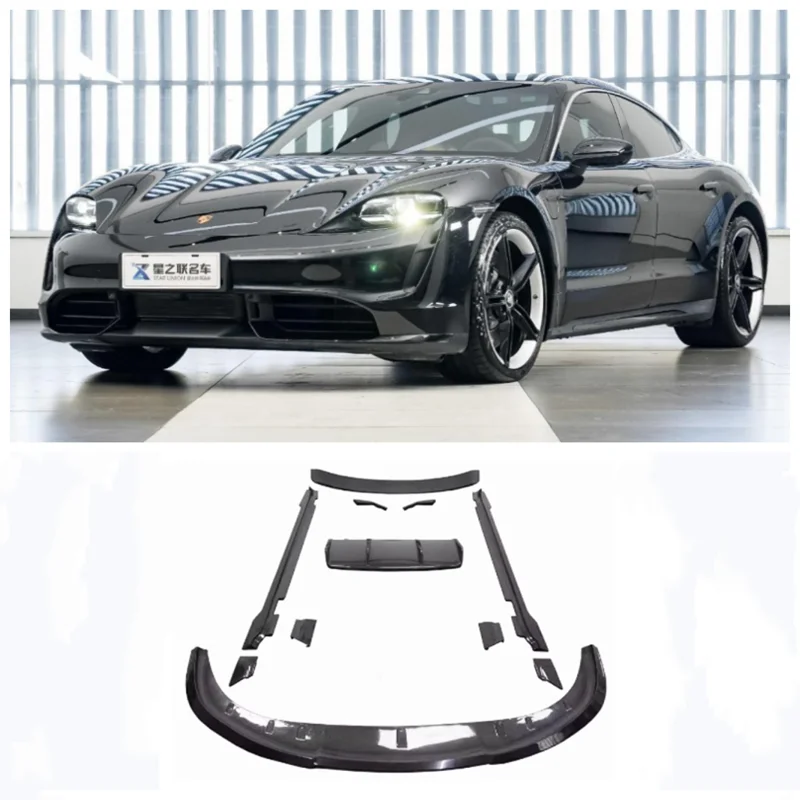 

Высококачественный бампер из углеродного волокна для Porsche Taycan 2019-2022, передний бампер, задний диффузор, спойлер, боковая юбка, комплект кузова